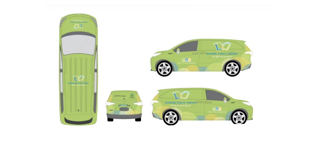 Mockup illustration of a green vinyl wrapped van for a library.